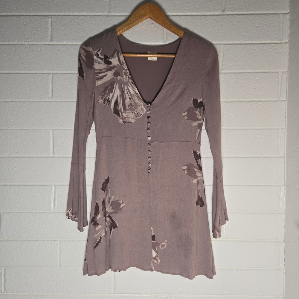 By Together Floral Bell Sleeve Mini Dress Medium Mauve Boho Neutral Minimalist
